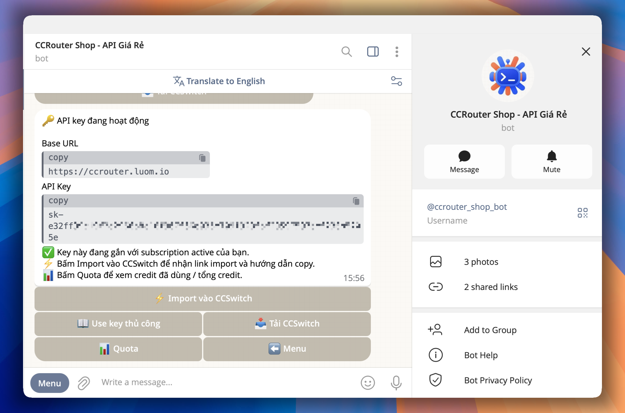 Màn hình API key đang hoạt động và các nút setup thủ công
