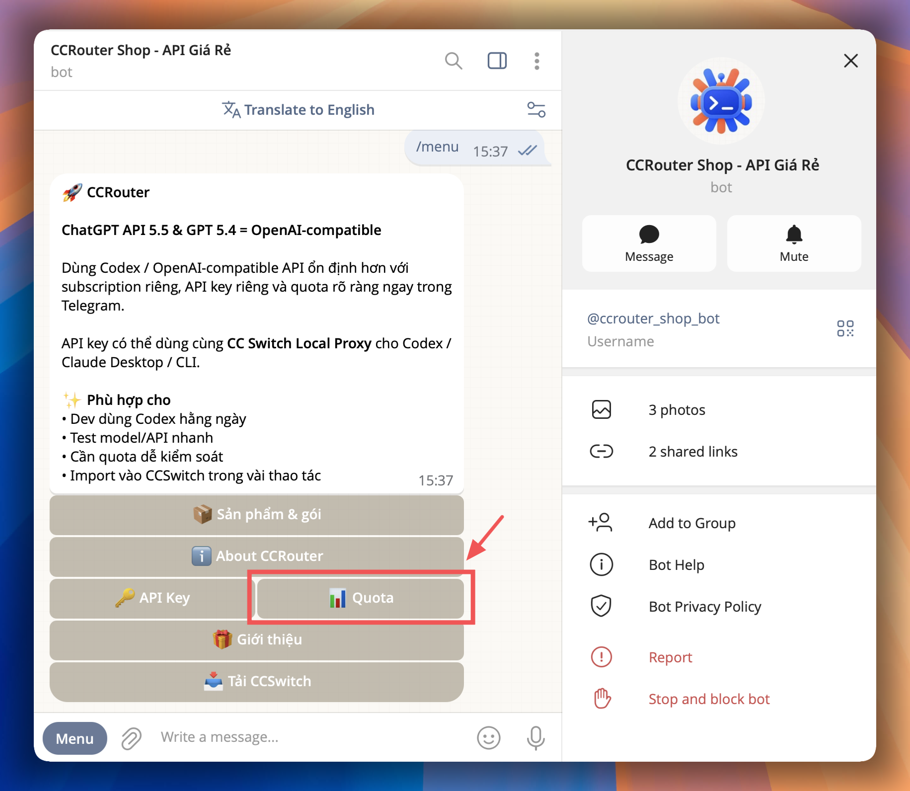 Màn hình nút Quota trong Telegram bot CCRouter